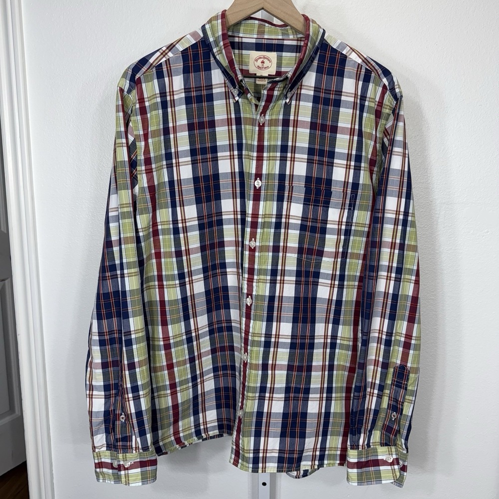Brooks Brothers Men's XL Red Fleece LS Button Down Plaid‎ 100% Cotton Casual